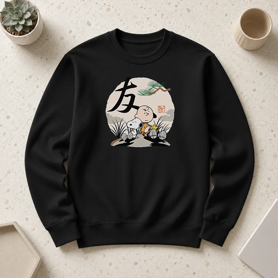 official-peanuts-charlie-brown-friends-japan-mens-sweater Official Peanuts Charlie Brown Friends Japan Mens Sweater in navy blue with graphic print on front