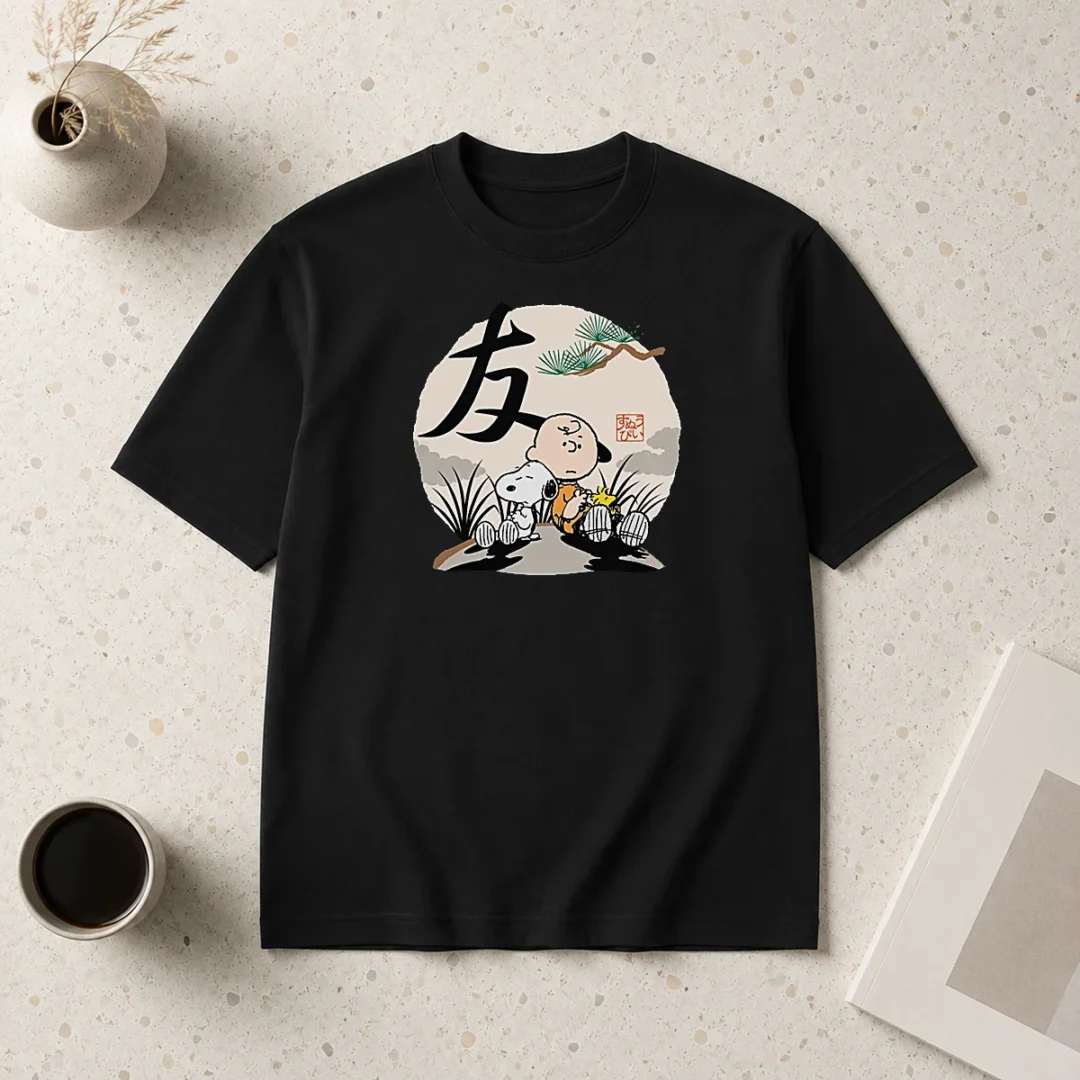 official-peanuts-charlie-brown-friends-japan-mens-t-shirt-1 Official Peanuts Charlie Brown Friends Japan Mens t shirt featuring classic Peanuts characters on a comfortable cotton fabric