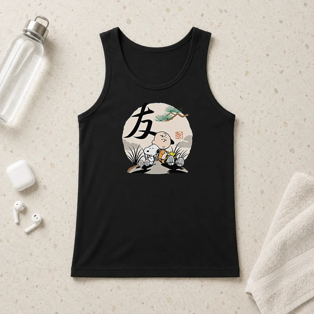 official-peanuts-charlie-brown-friends-japan-mens-tank-top Official Peanuts Charlie Brown Friends Japan Mens Tank Top featuring classic characters on a sleeveless cotton garment