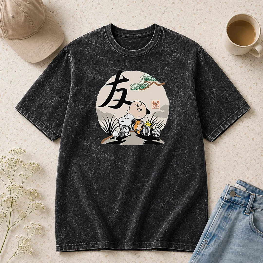official-peanuts-charlie-brown-friends-japan-mens-washed-t-shirt Official Peanuts Charlie Brown Friends Japan Mens Washed T Shirt in soft cotton with vintage wash finish