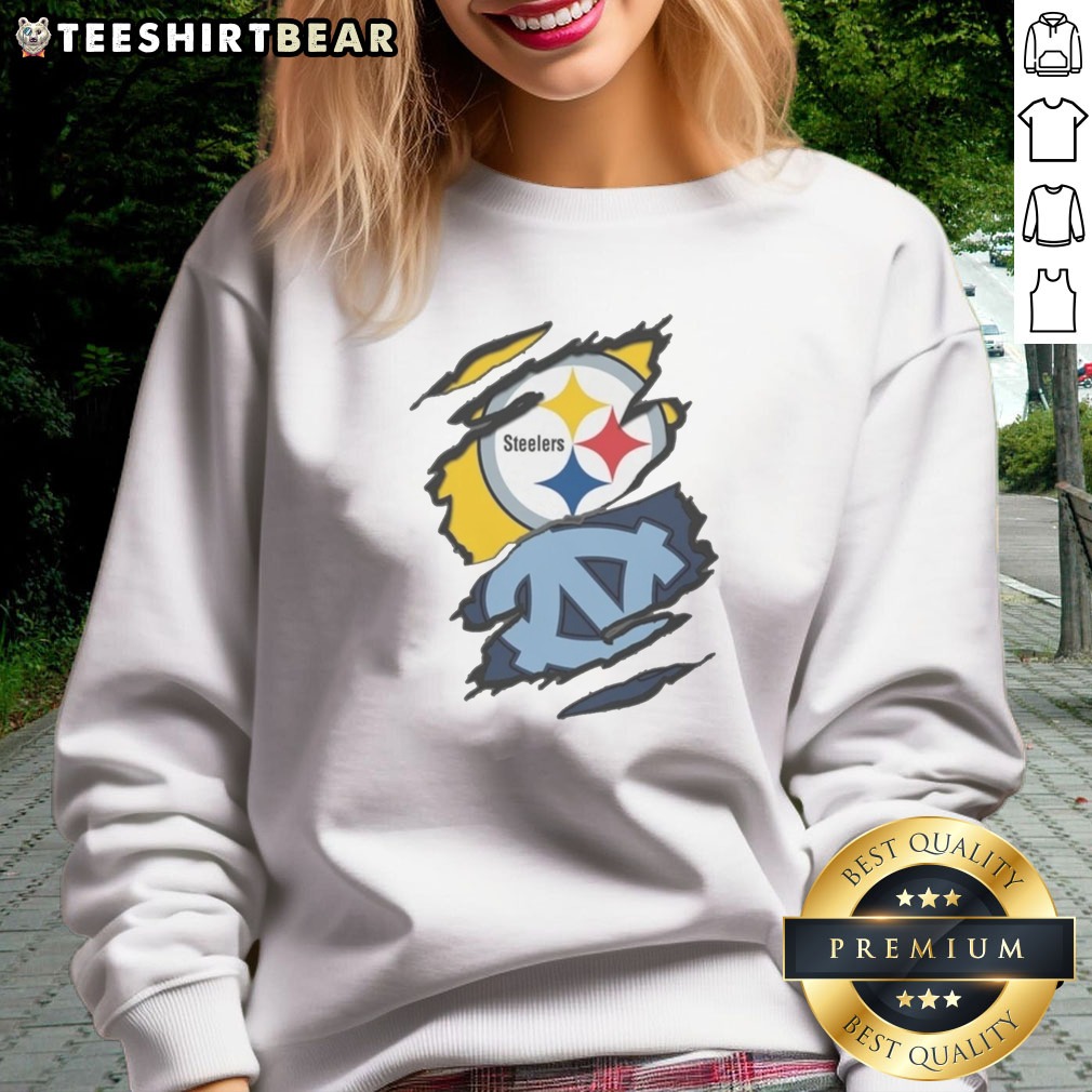official-pittsburgh-steelers-and-unc-tar-heels-ripped-metal-effect-logo-sweatshirt Official Pittsburgh Steelers And UNC Tar Heels Ripped Metal Effect Logo Sweatshirt featuring a unique design