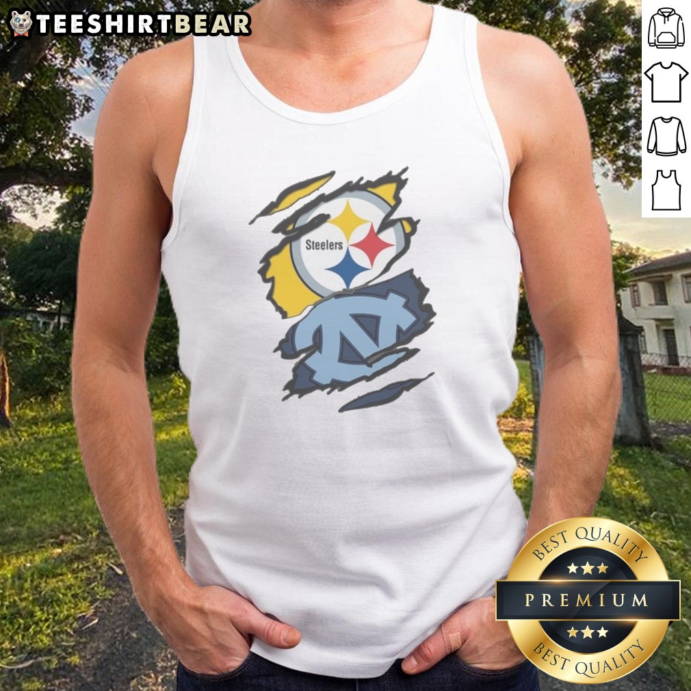 official-pittsburgh-steelers-and-unc-tar-heels-ripped-metal-effect-logo-tank-top Official Pittsburgh Steelers And UNC Tar Heels Ripped Metal Effect Logo Tank top displayed on a neutral background