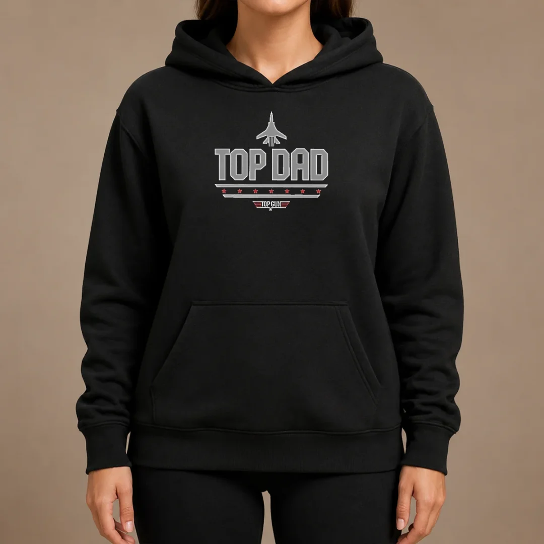 Official Top Dad Top Gun Logo Parody Hoodie Official Top Dad Top Gun Logo Parody Hoodie in charcoal gray with front graphic print