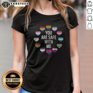 Top You Are Safe With Me Pride Month ladies shirt in vibrant colors on a fitted short-sleeve garment