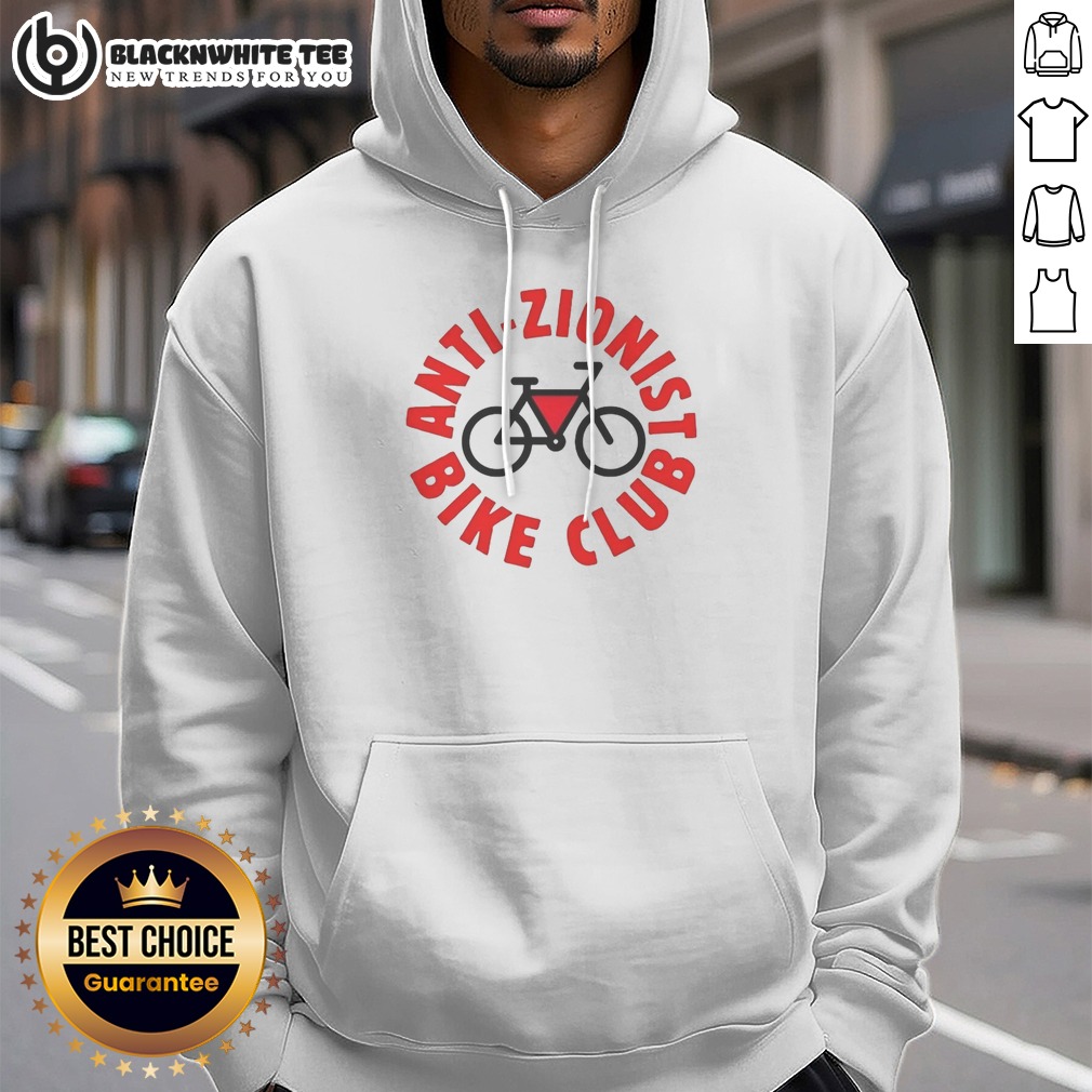 original-anti-zionist-bike-club-hoodie Original Anti Zionist Bike Club Hoodie in black, front view with bold white lettering on chest
