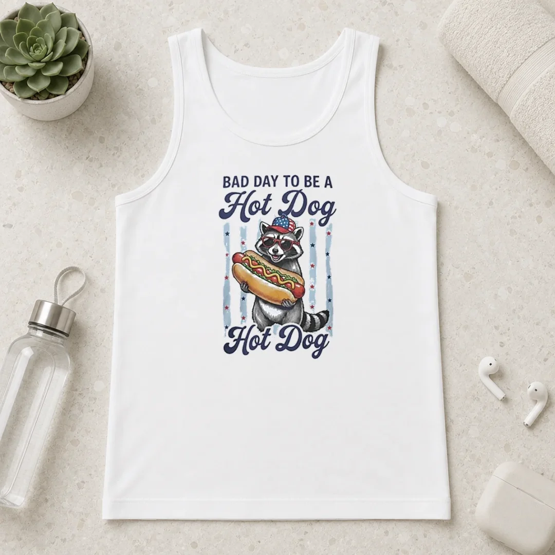 original-bad-day-to-be-a-hot-dog-tank-top Original Bad Day To Be A Hot Dog tank top in black, sleeveless casual fit with bold graphic print