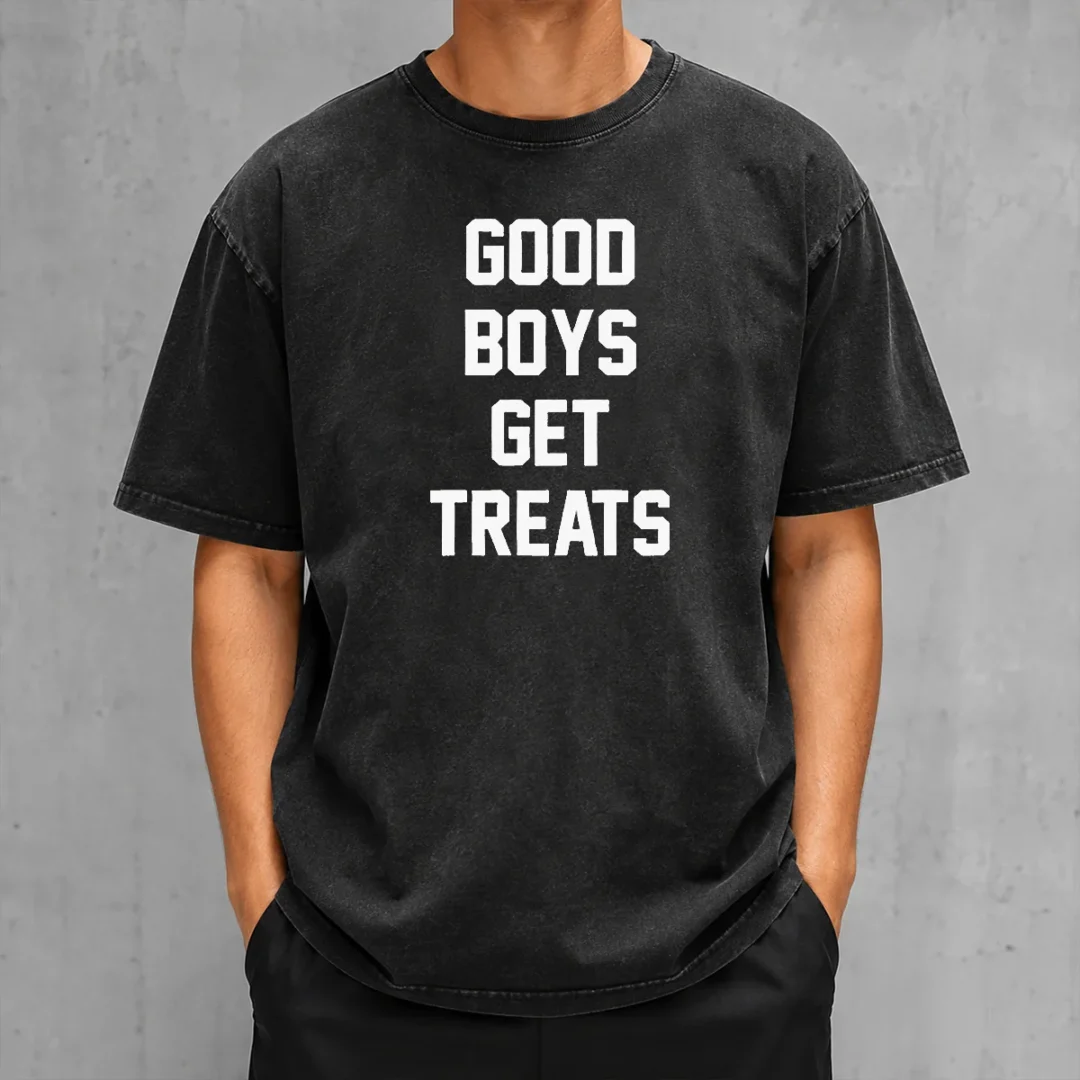 original-boys-get-treats-text-washed-t-shirt Original Boys Get Treats Text Washed T Shirt showing front print on soft cotton fabric