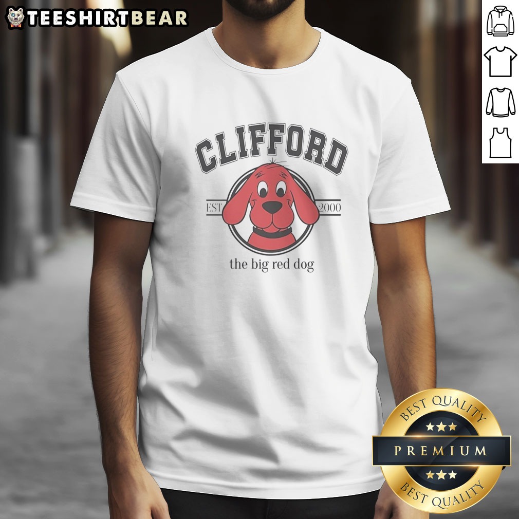 original-clifford-the-big-red-dog-est-2000-university-collegiate-logo-print-shirt-1 Original Clifford The Big Red Dog EST 2000 University Collegiate Logo Print Shirt displayed on a flat surface.