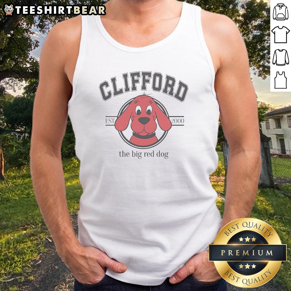 original-clifford-the-big-red-dog-est-2000-university-collegiate-logo-print-tank-top Original Clifford The Big Red Dog EST 2000 University Collegiate Logo Print Tank top displayed on a neutral background