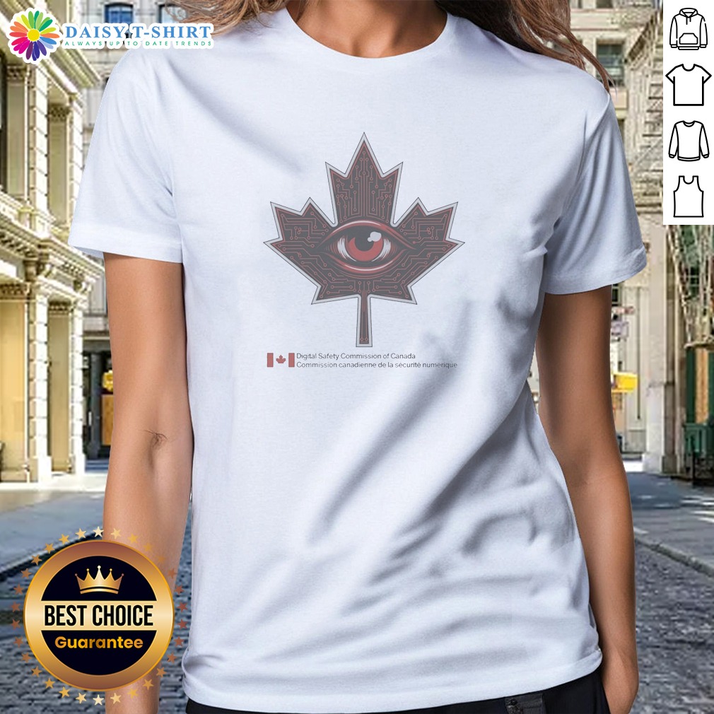 original-digital-safety-commission-of-canada-maple-leaf-eye-circuitry-surveillance-ladies-shirt Original Digital Safety Commission Of Canada Maple Leaf Eye Circuitry Surveillance Ladies Shirt in white, featuring detailed eye circuitry and maple leaf design