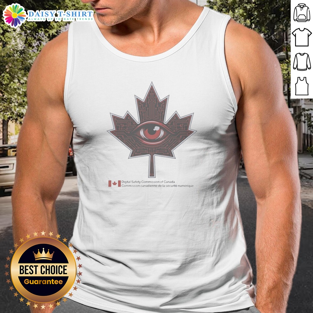 Original Digital Safety Commission Of Canada Maple Leaf Eye Circuitry Surveillance Tank Top Original Digital Safety Commission Of Canada Maple Leaf Eye Circuitry Surveillance Tank Top in white, featuring a detailed digital eye and circuitry maple leaf design