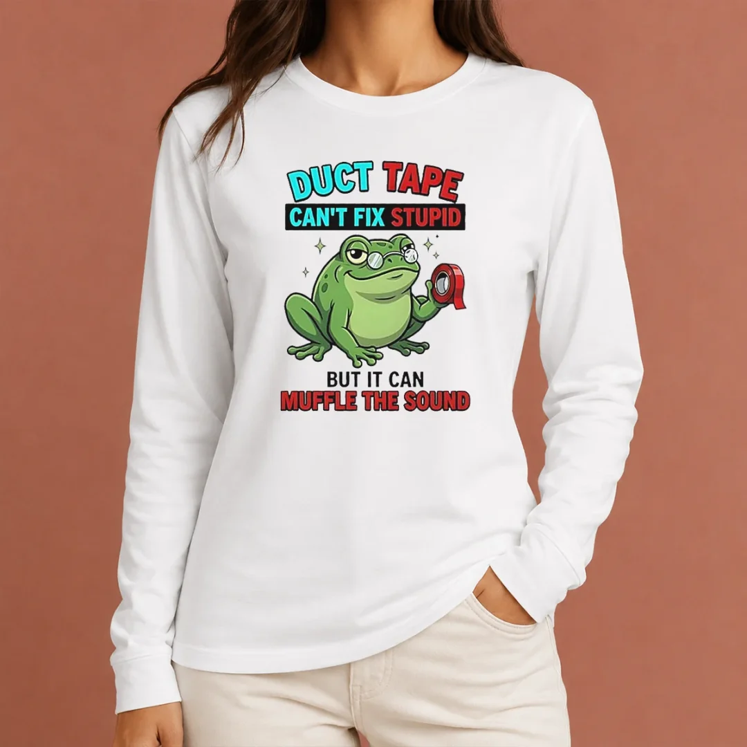 original-frog-duct-tape-can-t-fix-stupid-but-it-can-muffle-the-sound-long-sleeve Original Frog Duct Tape Can'T Fix Stupid But It Can Muffle The Sound long sleeve shirt in black with bold white and green text design