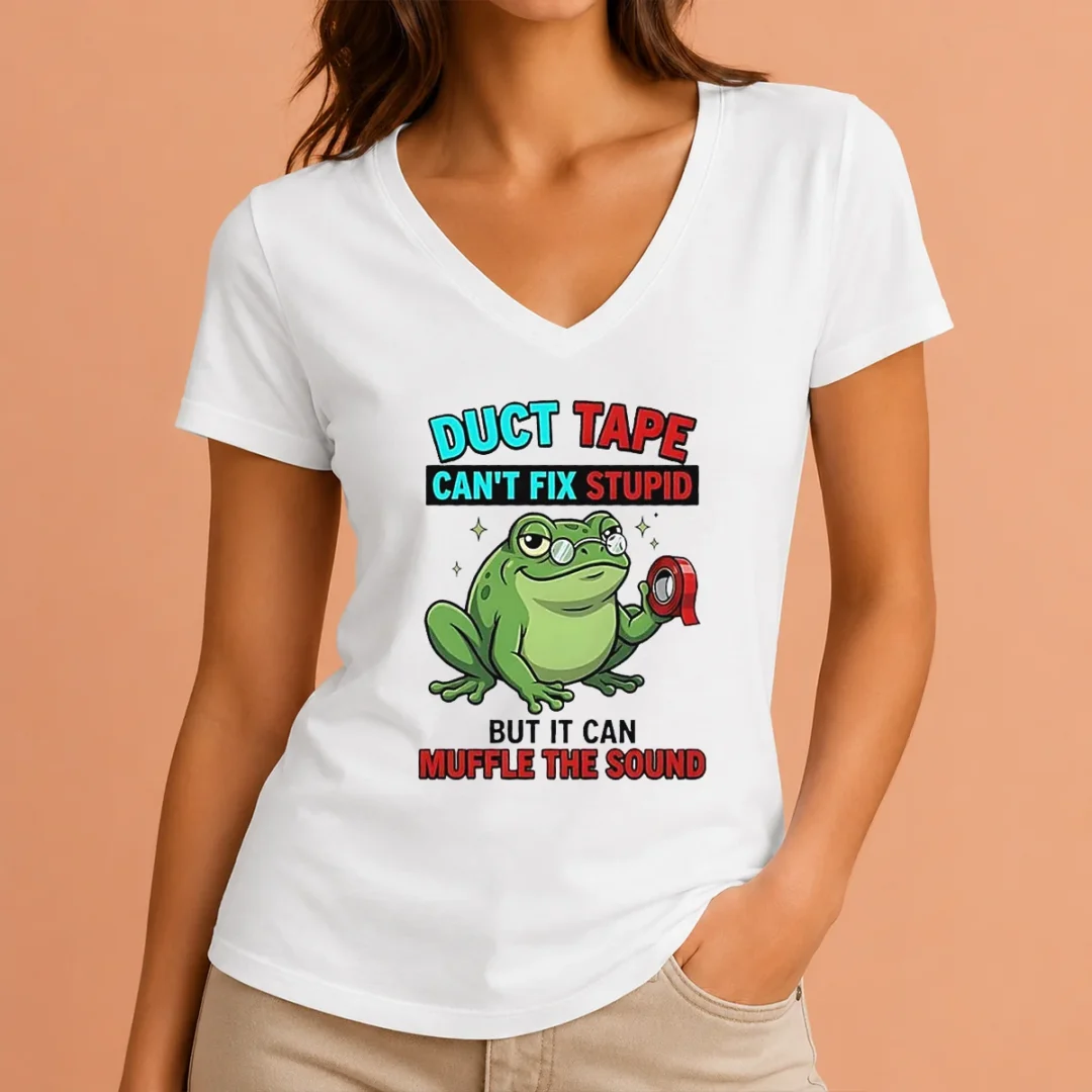 original-frog-duct-tape-can-t-fix-stupid-but-it-can-muffle-the-sound-v-neck-shirt Original Frog Duct Tape Can'T Fix Stupid But It Can Muffle The Sound V Neck Shirt in dark color, short sleeves, comfortable fit