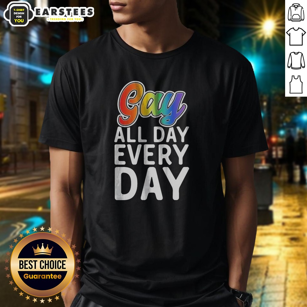 original-gay-all-day-every-day-shirt Original Gay All Day Every Day shirt in black cotton, short sleeve casual tee with vibrant white and rainbow text design