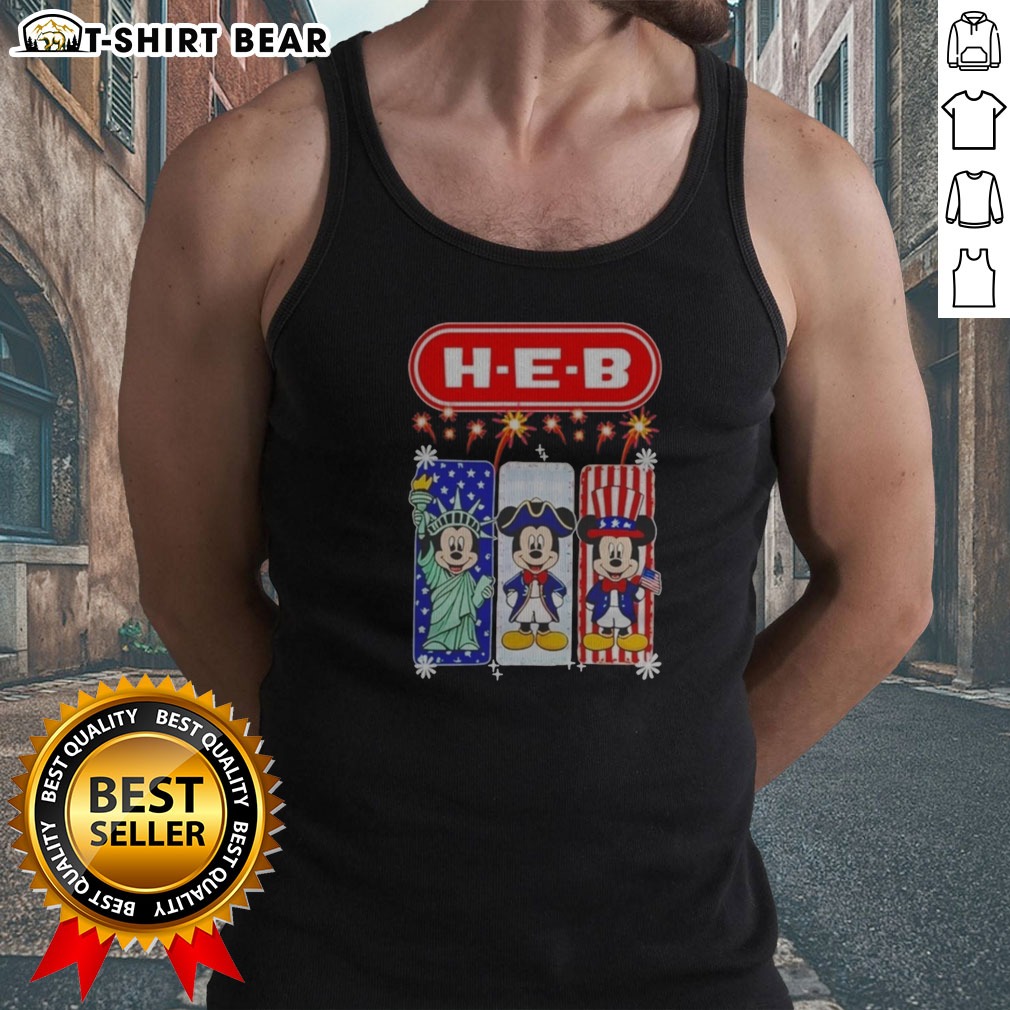 Original H E B Mickey Mouse USA Patriotic Fireworks Tank top Original H E B Mickey Mouse USA Patriotic Fireworks Tank top showing a sleeveless casual shirt with patriotic Mickey Mouse design