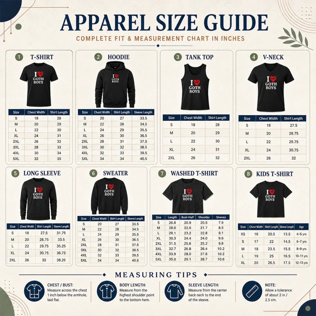Original I Love Goth Boys Size Chart Size chart for Original I Love Goth Boys with measurements in inches and cm for accurate sizing