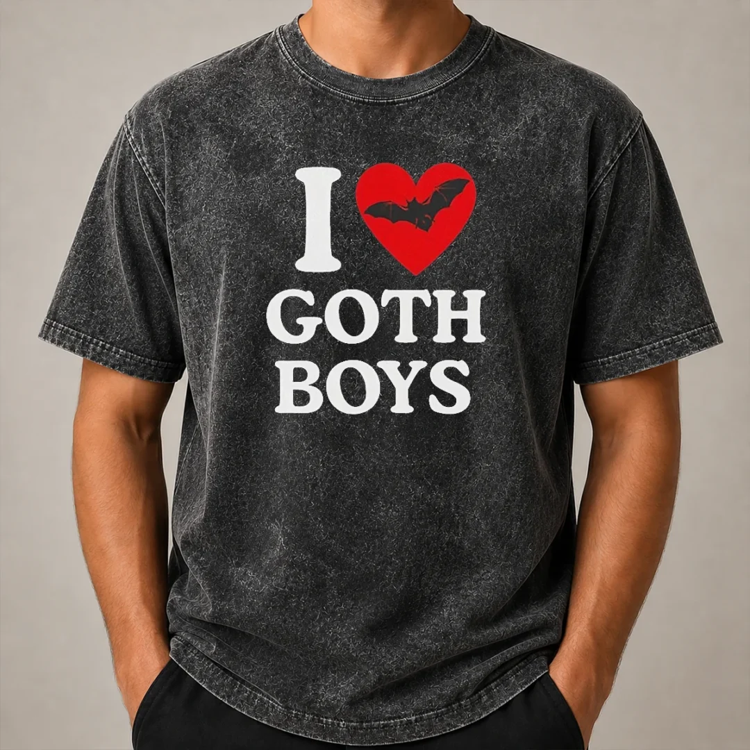 Original I Love Goth Boys Washed T Shirt Original I Love Goth Boys Washed T Shirt in soft cotton fabric with faded black color and bold white text print
