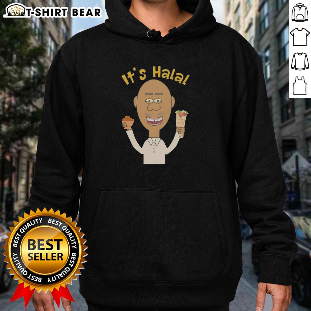 Original It'S Halal Man Eating Dates Kebab Muslim Islamic Ramadan Hoodie Man wearing 'Its Halal' hoodie enjoying dates kebab during Ramadan, celebrating Islamic culture and traditions.