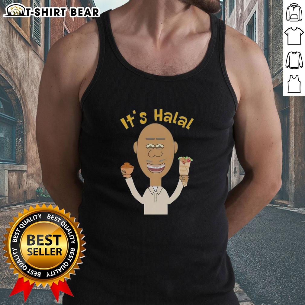 Original It'S Halal Man Eating Dates Kebab Muslim Islamic Ramadan Tank Top Muslim man enjoying dates kebab while wearing an 'Original It's Halal' tank top during Ramadan festivities.