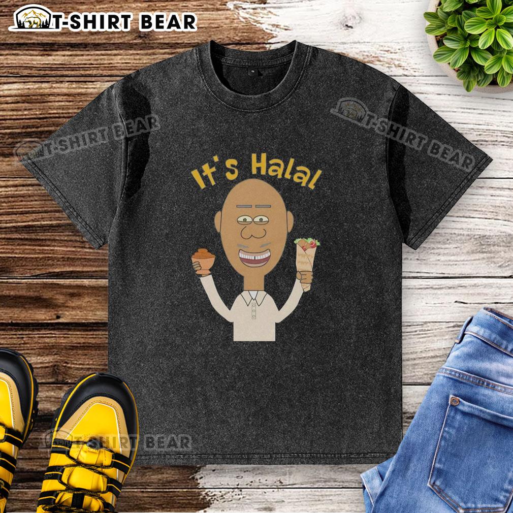Original It's Halal Man Eating Dates Kebab Muslim Islamic Ramadan Washed T-Shirt Alt Text: Man enjoying halal dates kebab during Ramadan, wearing a washed t-shirt celebrating Islamic traditions.