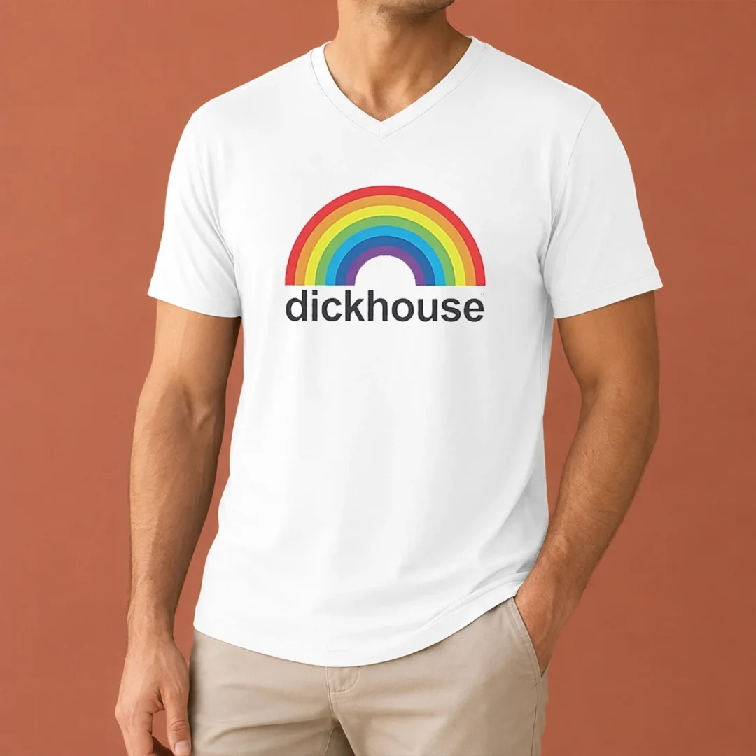 original-jackass-dickhouse-productions-rainbows-v-neck-shirt Original Jackass Dickhouse Productions Rainbows V Neck Shirt in black with colorful rainbow graphic on front