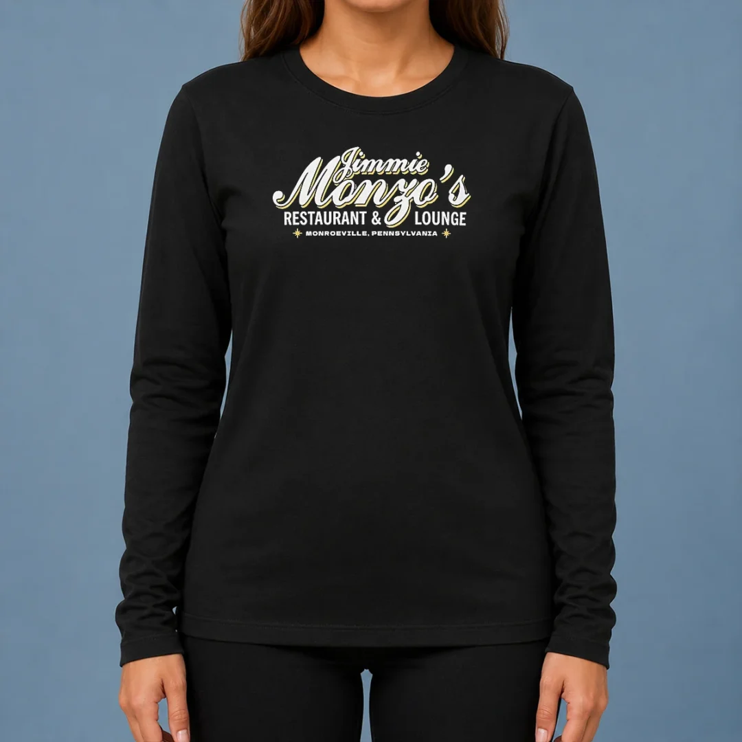 original-jimmie-monzo-s-restaurant-and-lounge-monroeville-pennsylvania-long-sleeve Original Jimmie Monzo'S Restaurant And Lounge Monroeville Pennsylvania long sleeve shirt in white, featuring vintage logo print