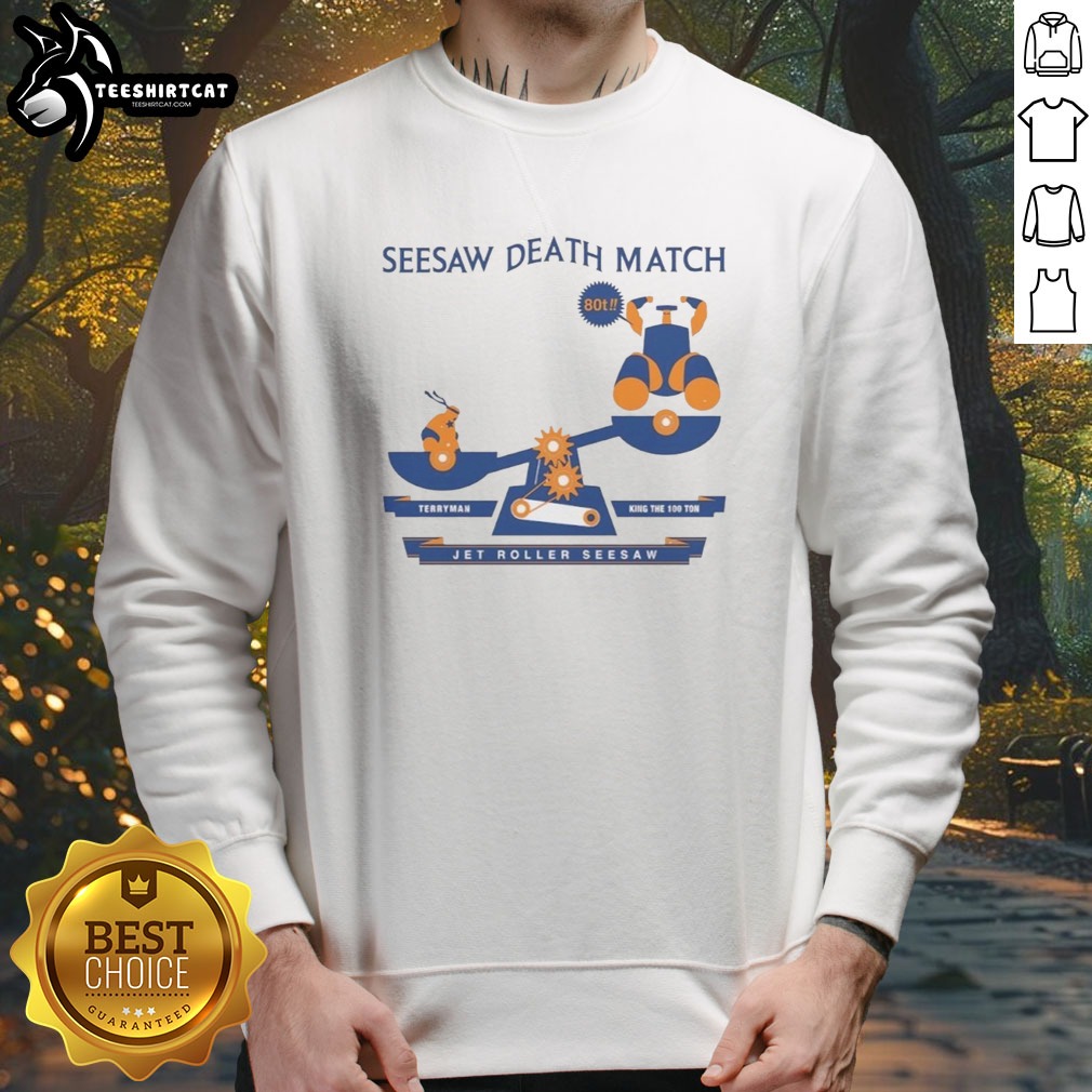 original-kinnikuman-seesaw-death-match-80t-terryman-king-the-100-ton-jet-roller-seesaw-sweatshirt Original Kinnikuman Seesaw Death Match 80t Terryman King The 100 Ton Jet Roller Seesaw Sweatshirt in a vibrant design