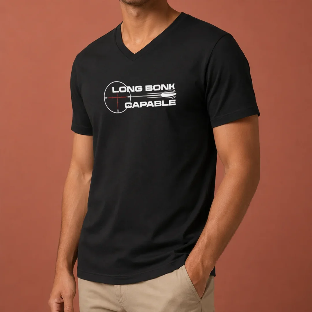 original-long-bonk-capable-sniper-rifle-bullet-trajectory-precision-target-shooting-v-neck-shirt Original Long Bonk Capable Sniper Rifle Bullet Trajectory Precision Target Shooting V Neck Shirt in black, front view
