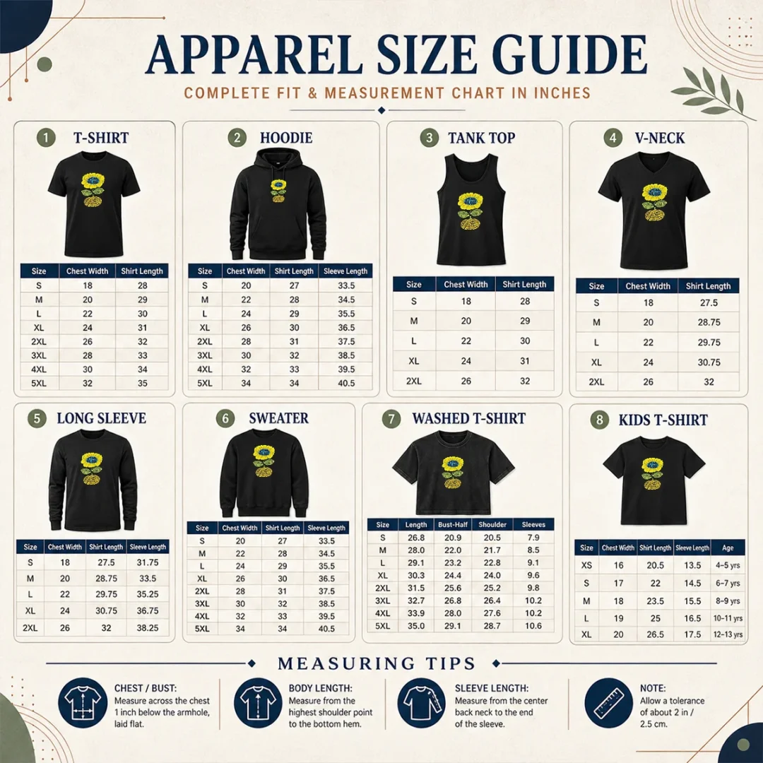 Original Love Island UK Tommy Murphy Stussy Sunflower Size Chart Size chart for Original Love Island UK Tommy Murphy Stussy Sunflower with measurements in inches and cm