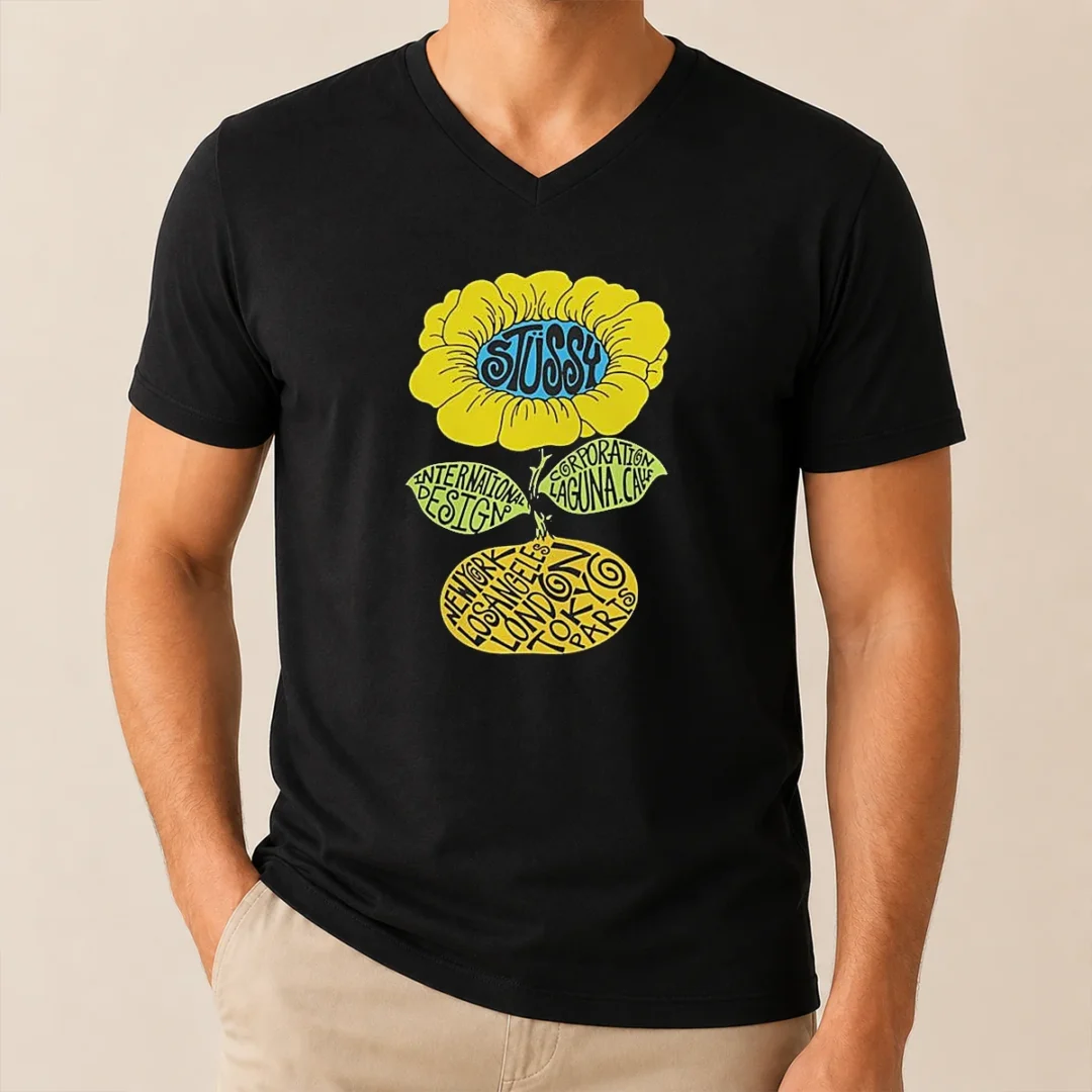 Original Love Island UK Tommy Murphy Stussy Sunflower V Neck Shirt Original Love Island UK Tommy Murphy Stussy Sunflower V Neck Shirt in white with sunflower graphic on front