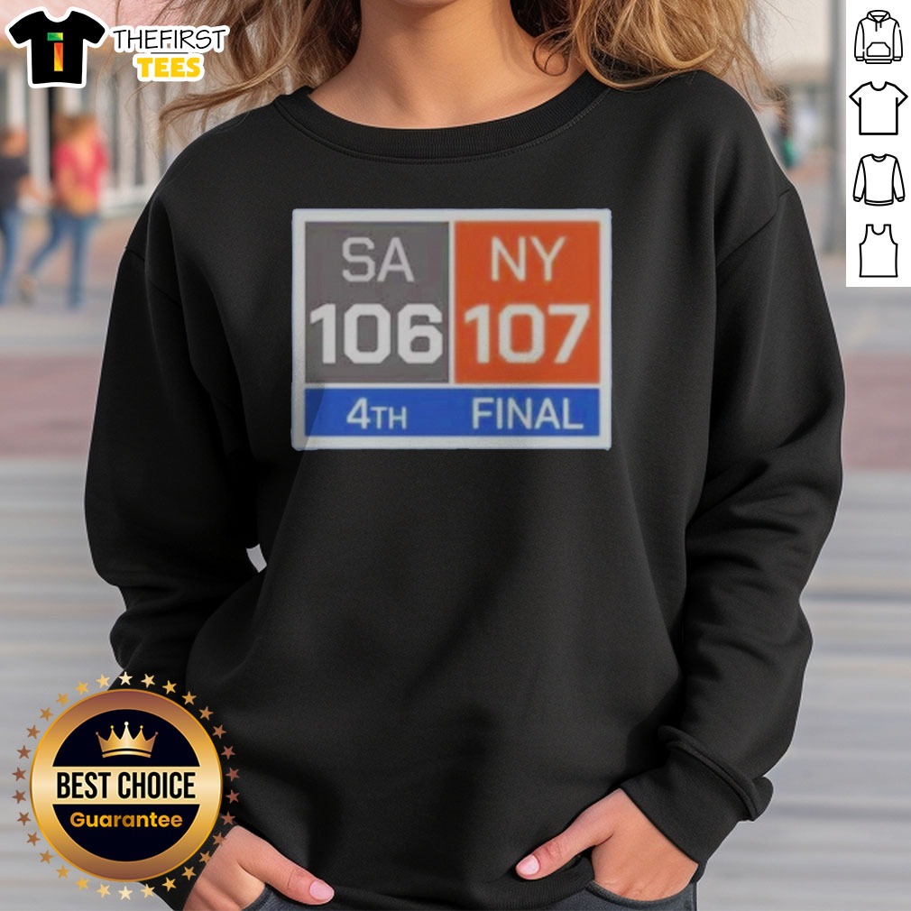 original-new-york-knicks-comeback-san-antonio-spurs-107-ny-106-sweatshirt Original New York Knicks Comeback San Antonio Spurs 107 NY 106 Sweatshirt in navy blue with bold white and orange text