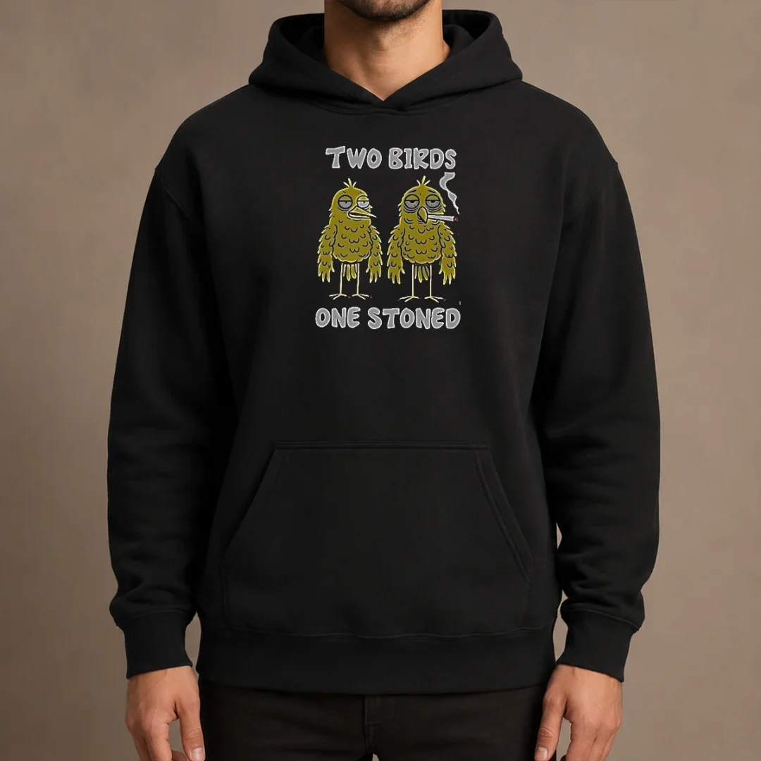 original-two-birds-one-stoned-smoking-hoodie Original Two Birds One Stoned Smoking Hoodie in charcoal gray with front pocket and adjustable hood
