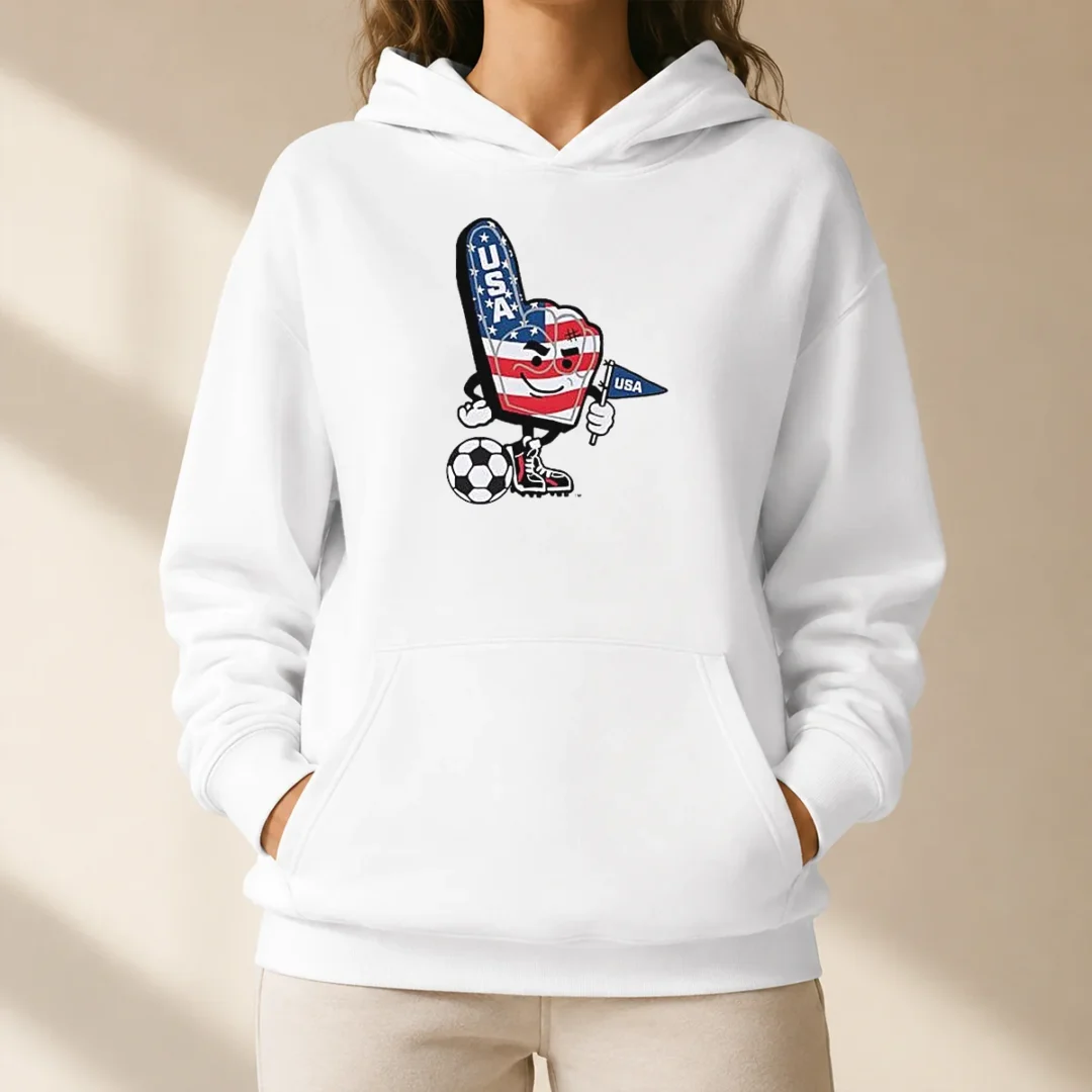 original-usa-soccer-mascot-foam-finger-with-ball-and-pennant-hoodie Original USA Soccer Mascot Foam Finger With Ball And Pennant Hoodie in navy blue, front view with detailed mascot graphic
