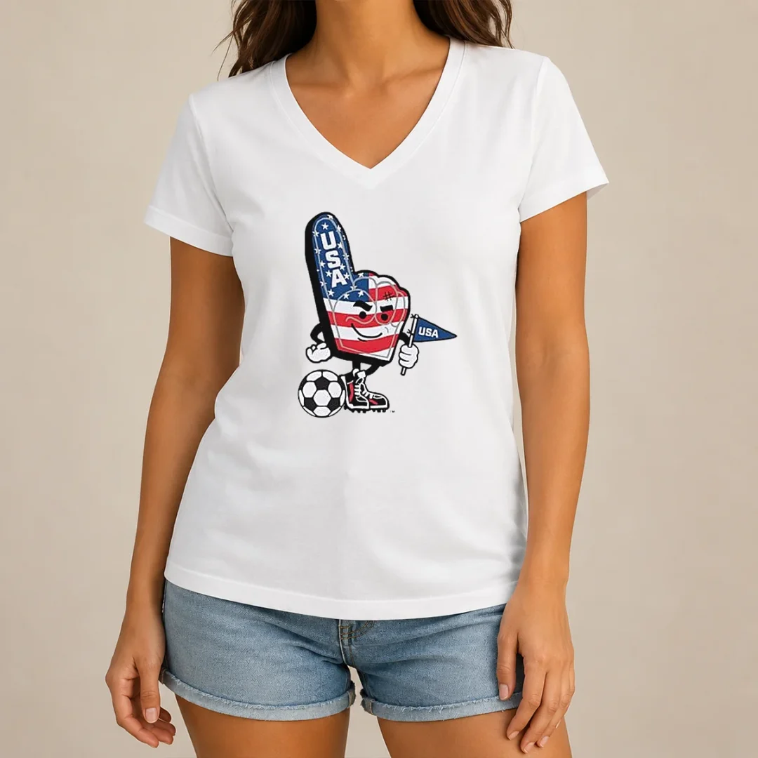 original-usa-soccer-mascot-foam-finger-with-ball-and-pennant-v-neck-shirt Original USA Soccer Mascot Foam Finger With Ball And Pennant V-Neck Shirt