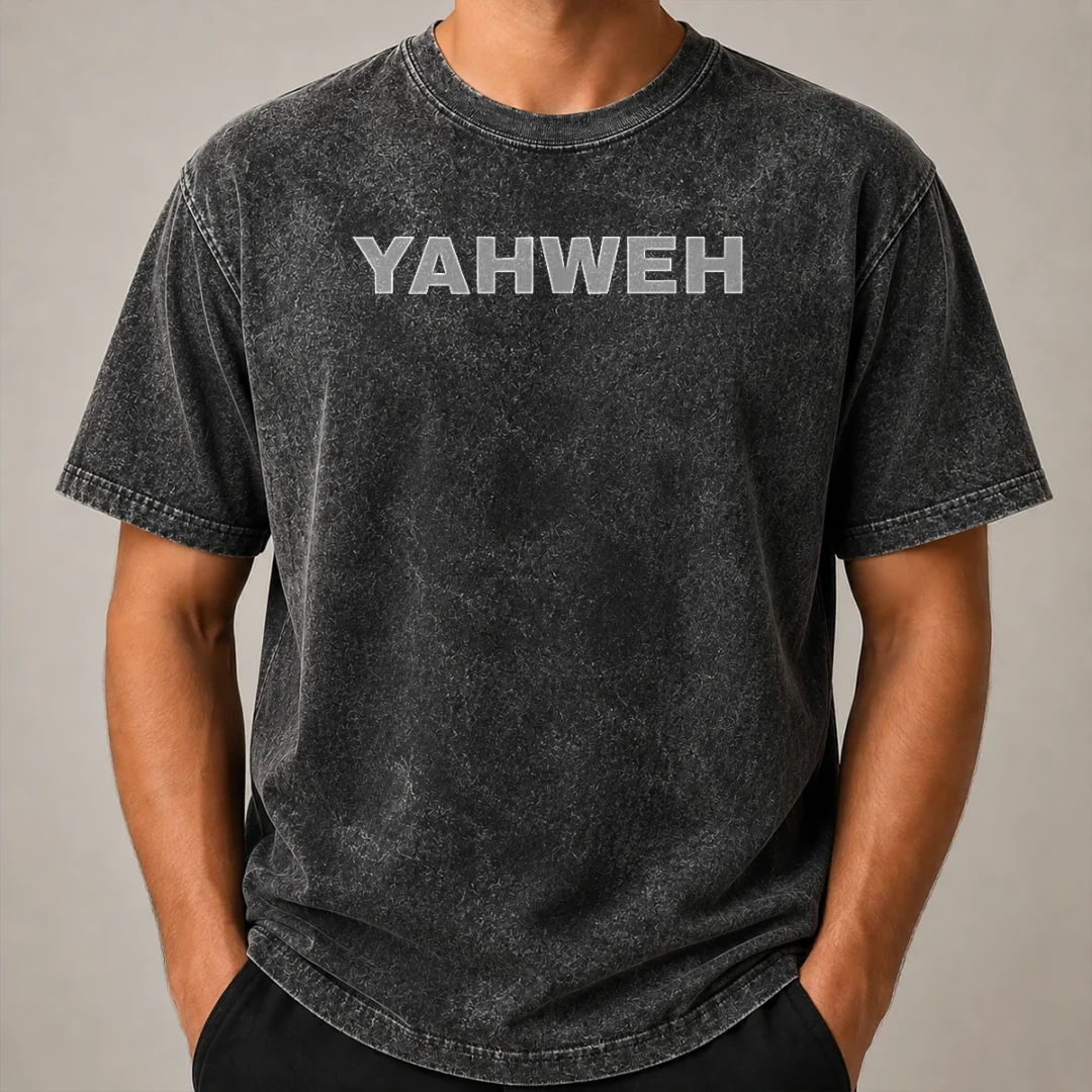 Original Yahweh Minimalist Logo Washed T Shirt Original Yahweh Minimalist Logo printed on a soft washed t shirt in a neutral color, front view