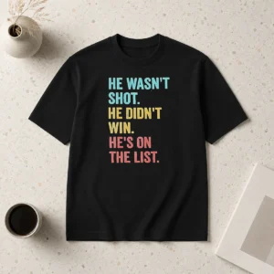 Awesome He Wasn'T Shot He Didn'T Win He'S On The List t shirt with bold text design on a black cotton short sleeve tee