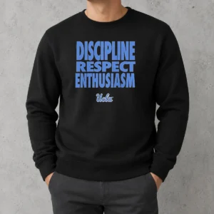 Official UCLA Bruins Discipline Respect Enthusiasm Sweater in navy blue with bold yellow lettering
