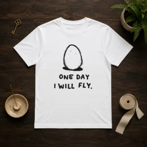 Good One Day I Will Fly t shirt in classic crew neck style with white print on black fabric