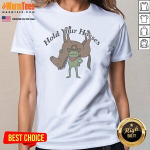 Good Hold Your Horses Frog Cowboy Humor Funny Animal ladies tee featuring a humorous frog cowboy graphic on a women's fitted t-shirt