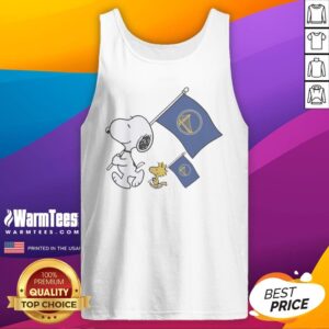 Nice Snoopy And Woodstock Holding Golden State Warriors Flags To Cheer tank top showcasing vibrant colors and playful graphics.