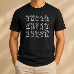 Premium Math Functions Stick Figures Meme t shirt showing front view with black fabric and white print of math function stick figures