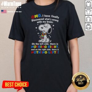 Snoopy Peanuts OMG I Have Finally Discovered What Is Wrong With My Brain ladies tee in a vibrant color