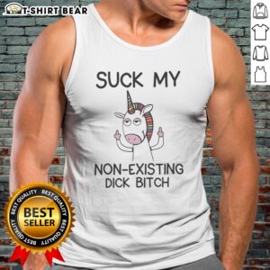 Funny Unicorn Middle Finger Suck My Non Existing Dick Bitch Humor Tank Top featuring a playful graphic design.