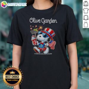 Official Snoopy X Olive Garden Fourth Of July American 250 Years 1776 2026 Fireworks Ladies Shirt featuring vibrant fireworks design.