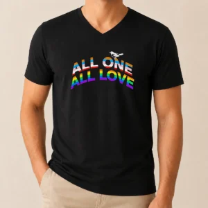 Nice All One All Love LGBTQ V Neck Shirt in white, featuring a colorful inclusive pride design on soft fabric