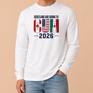 Official Scotland Are Going To Cum 2026 Soccer Long Sleeve Shirt in navy blue with bold white text