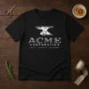 Premium ACME Corporation Anvils Explosives Detonators t shirt in black cotton, front view with bold graphic print
