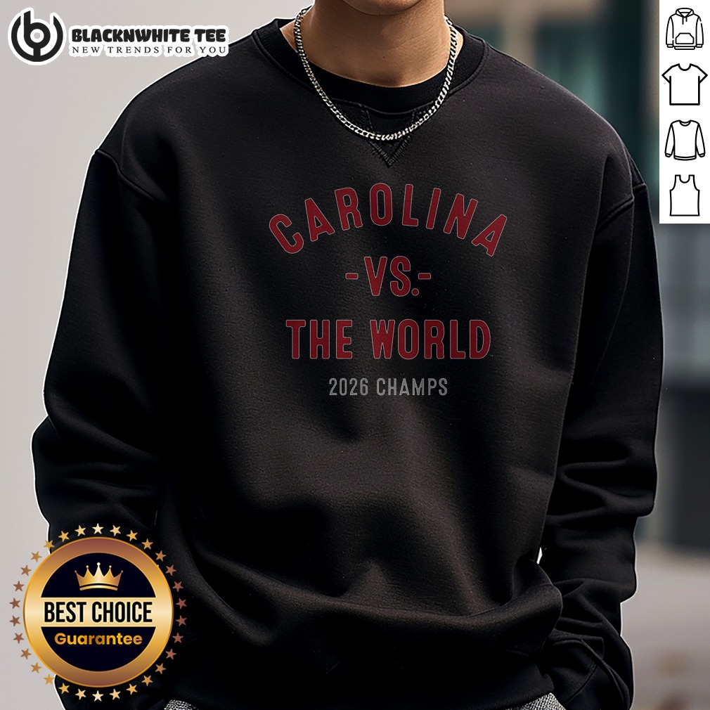 premium-carolina-hockey-vs-the-world-2026-champs-sweashirt Premium Carolina Hockey Vs. The World 2026 Champs Sweashirt featuring bold team graphics on a comfortable crewneck sweatshirt