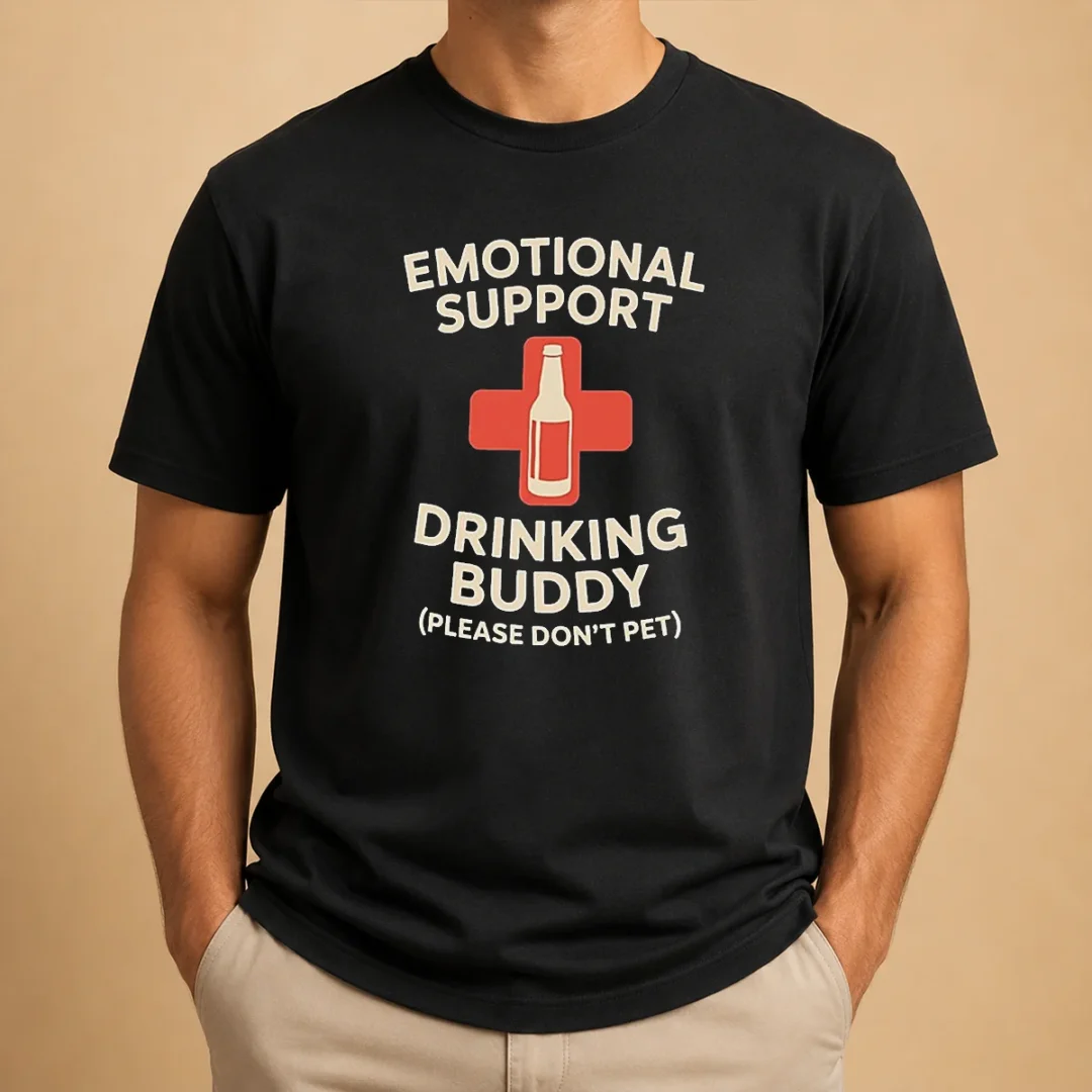 premium-emotional-support-drinking-buddy-t-shirt Premium Emotional Support Drinking Buddy t shirt in classic crew neck style with bold text design on front