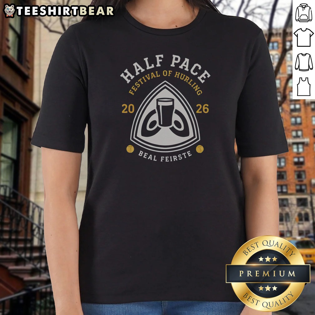 premium-half-pace-festival-of-hurling-2026-beal-feirste-hurling-ladies-shirt Premium Half Pace Festival Of Hurling 2026 Beal Feirste Hurling Ladies Shirt in white with vibrant festival graphics